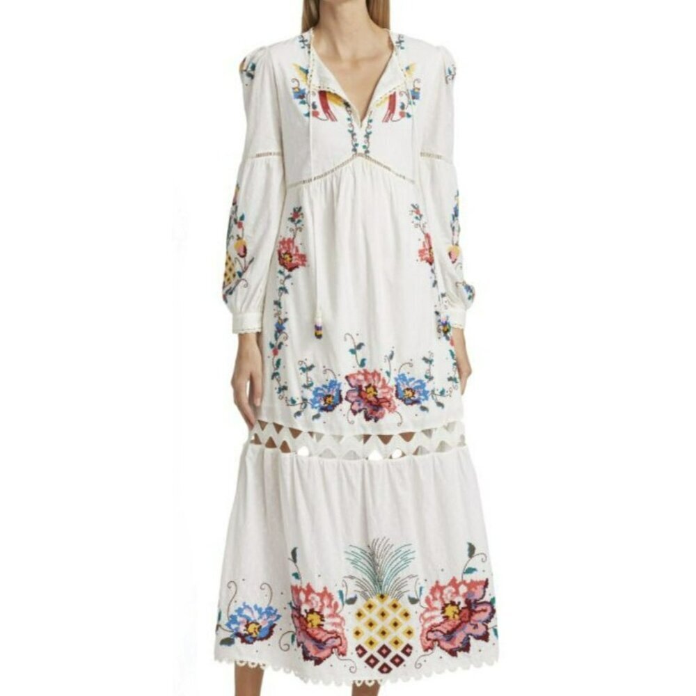 Farm Rio Macaw Cross-Stitch Embroidered Maxi Dress NWOT Size Small